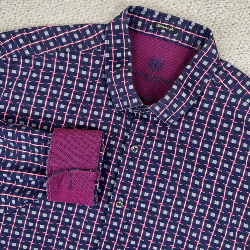 Bugatchi Uomo Dress Shirt Mens XL Classic Fit Navy Pink Geometric Flip Cuff AOP